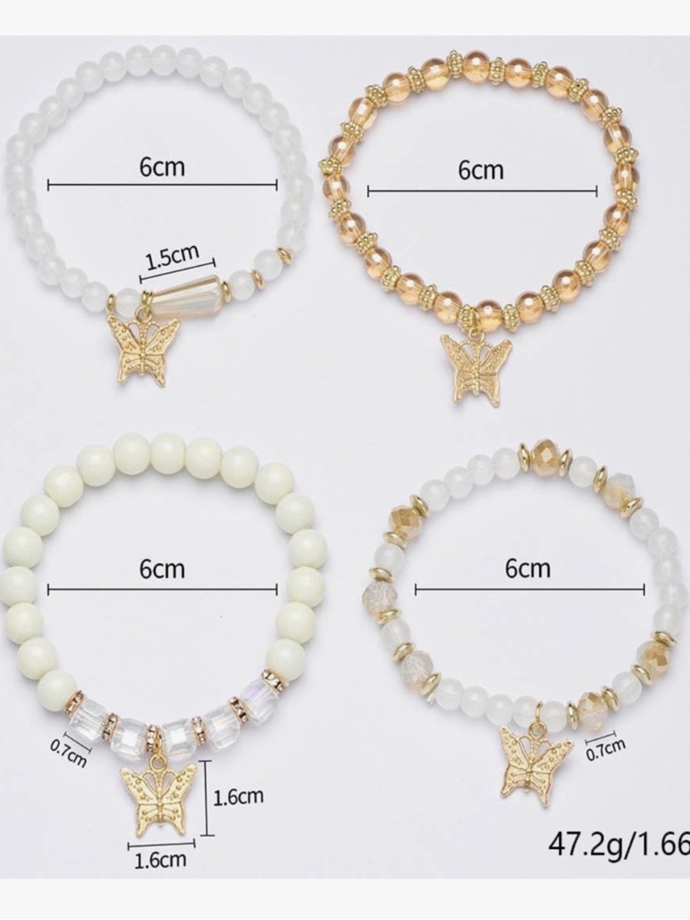 Boho Gold Butterfly Charm Beaded Bracelet Set Stack Cream Amber 4PC Stretch New - Picture 12 of 12